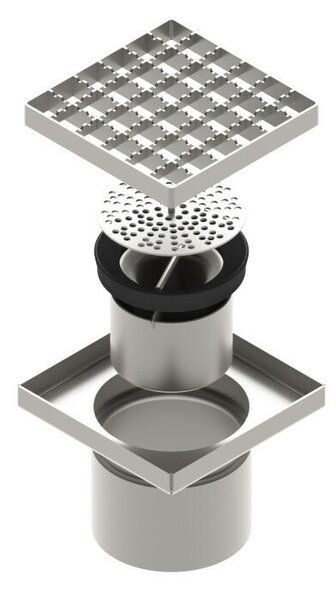 STAINLESS inox padlóösszefolyó – 150×150 mm, csúszásgátló rács, függőleges kimenet DN110