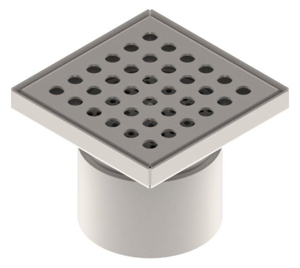 STAINLESS inox padlóösszefolyó – 150×150 mm, perforált rács, függőleges kimenet DN110