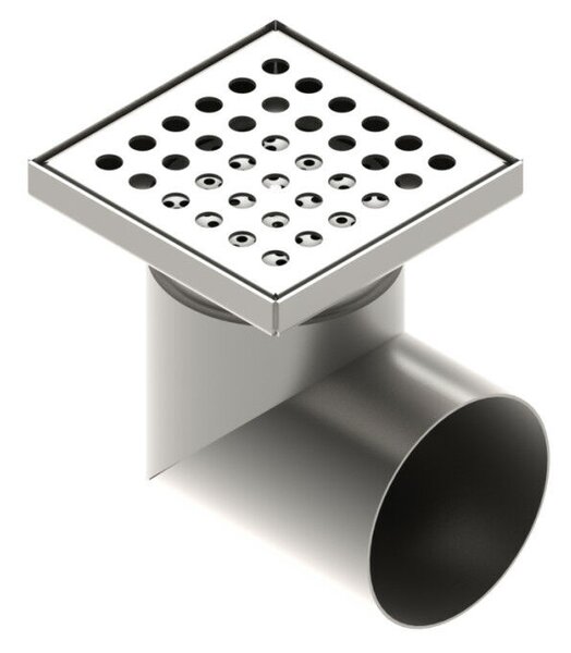 STAINLESS inox padlóösszefolyó – 150×150 mm, perforált rács, oldalsó kimenet DN110