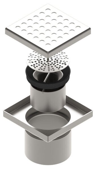 STAINLESS inox padlóösszefolyó – 150×150 mm, perforált rács, függőleges kimenet DN110