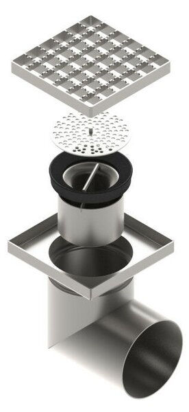 STAINLESS inox padlóösszefolyó – 150×150 mm, csúszásgátló rács, oldalsó kimenet DN110
