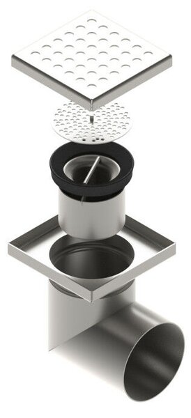 STAINLESS inox padlóösszefolyó – 150×150 mm, perforált rács, oldalsó kimenet DN110