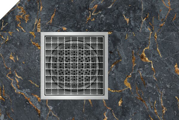 STAINLESS inox padlóösszefolyó – 250×250 mm, csúszásgátló rács, függőleges kimenet DN110