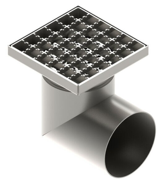 STAINLESS inox padlóösszefolyó – 150×150 mm, csúszásgátló rács, oldalsó kimenet DN110