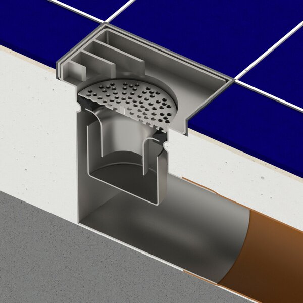 STAINLESS inox padlóösszefolyó – 150×150 mm, csúszásgátló rács, oldalsó kimenet DN110