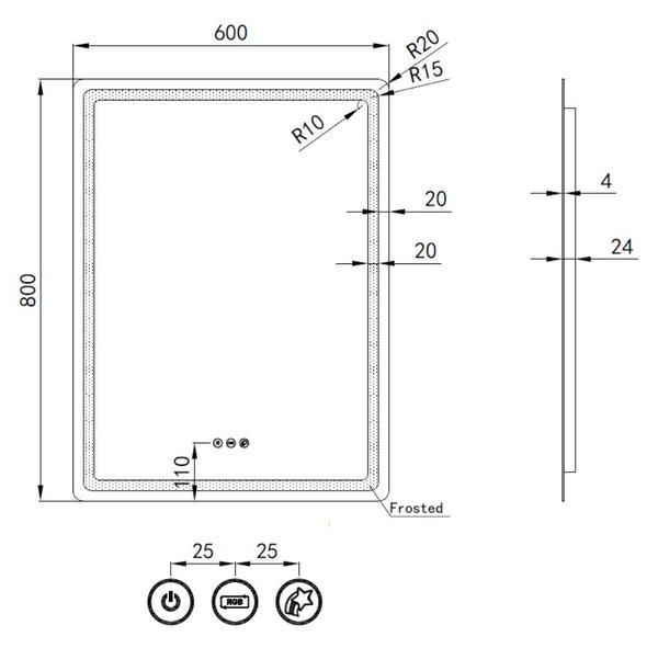Welland Type-20 LED tükör - fényerő + színhőfok állítás - 16 háttérszín - 60 x 80 cm