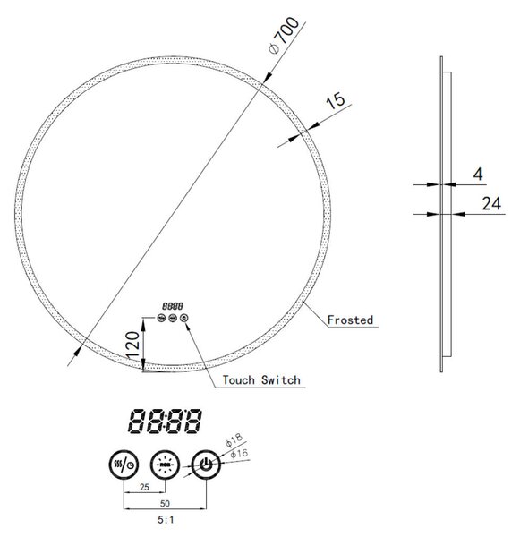 Welland Alpha LED tükör - fényerő + színhőfok állítás + páramentesítő + óra - 16 háttérszín - Ø 70 cm