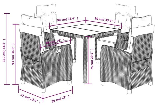 Polyrattan Kerti Étkezőgarnitúra - 5 részes - Fekete