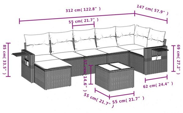 VidaXL Polyrattan Kerti Ülőgarnitúra - 8 részes - Fekete