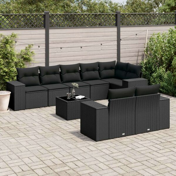 VidaXL 9 részes fekete polyrattan kerti ülőgarnitúra párnákkal