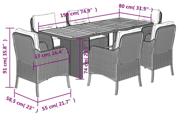 VidaXL 7 részes fekete polyrattan kerti étkezőgarnitúra párnával