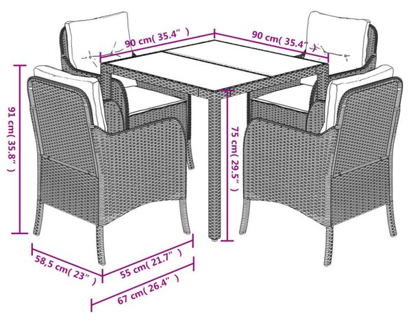 Polyrattan Kerti Étkezőgarnitúra - 5 részes - Fekete