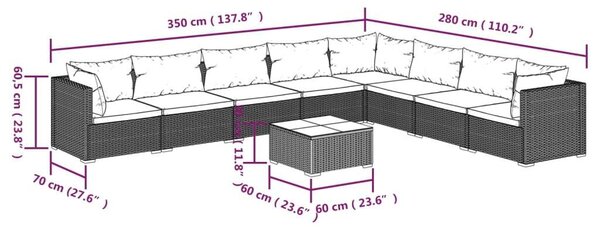 VidaXL 9 részes fekete polyrattan kerti ülőgarnitúra párnákkal