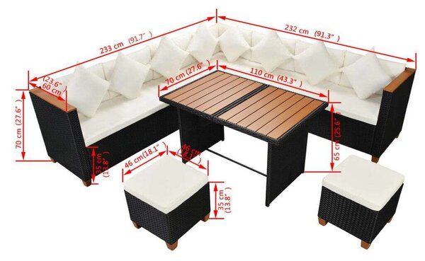 7-részes fekete polyrattan kerti bútorszett párnákkal