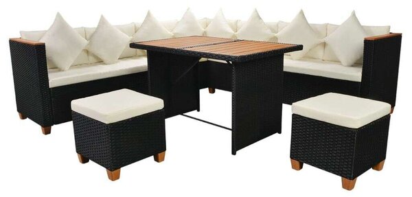 7-részes fekete polyrattan kerti bútorszett párnákkal