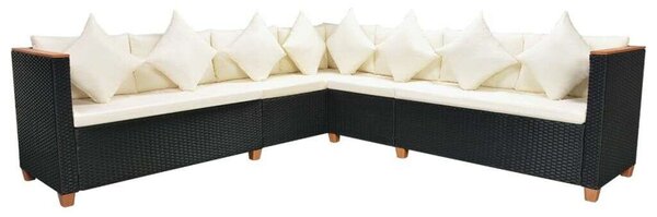 7-részes fekete polyrattan kerti bútorszett párnákkal