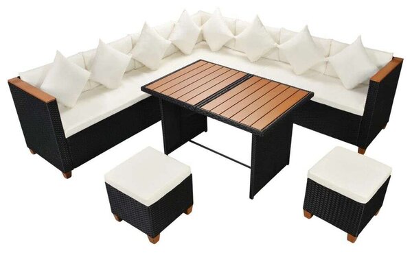 7-részes fekete polyrattan kerti bútorszett párnákkal