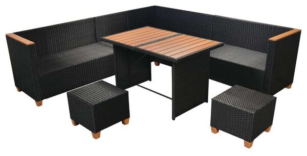 7-részes fekete polyrattan kerti bútorszett párnákkal