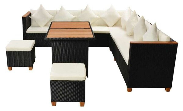 7-részes fekete polyrattan kerti bútorszett párnákkal