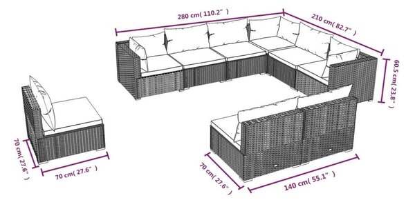 VidaXL 9 részes barna polyrattan kerti ülőgarnitúra párnákkal