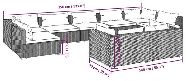 VidaXL 9 részes barna polyrattan kerti ülőgarnitúra párnákkal