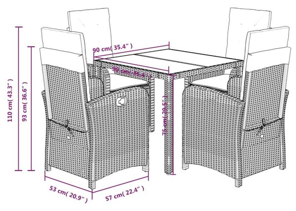 VidaXL Polyrattan Kerti Étkezőgarnitúra - 5 részes, Fekete