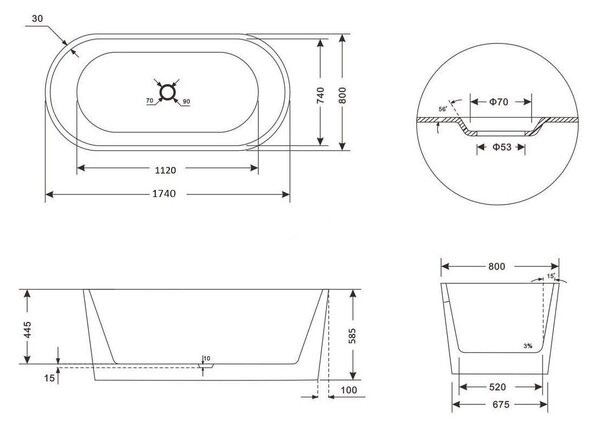 Inspiro Design Buscello New, fal mellé tehető, térben álló fürdőkád, 170x75x61 cm