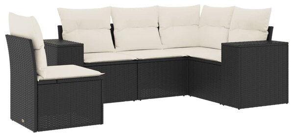 5 részes fekete polyrattan kerti kanapészett párnákkal