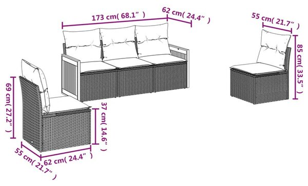 VidaXL 5 részes fekete polyrattan kerti kanapészett párnákkal