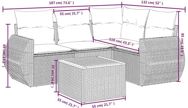5 részes fekete polyrattan kerti kanapészett párnákkal