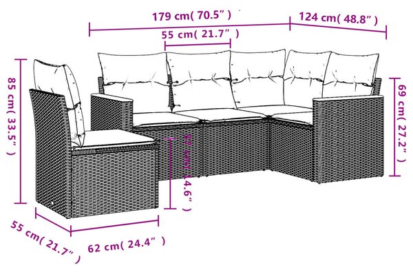 5 részes fekete polyrattan kerti kanapészett párnákkal