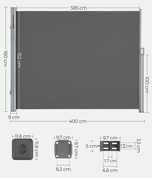 SONGMICS Prémium Oldalsó Napellenző 160 x 400 cm Füstszürke Teraszárnyékoló
