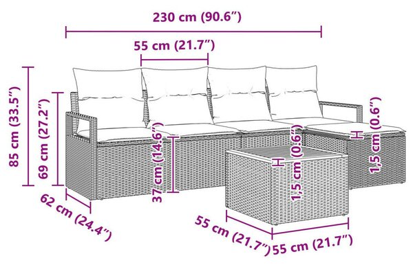 6 Részes Kert Sofa Készlet Párnákkal, Fekete Polirattan, Akác, 2-Személyes Kert Sofa Párnákkal, Fekete Polirattan