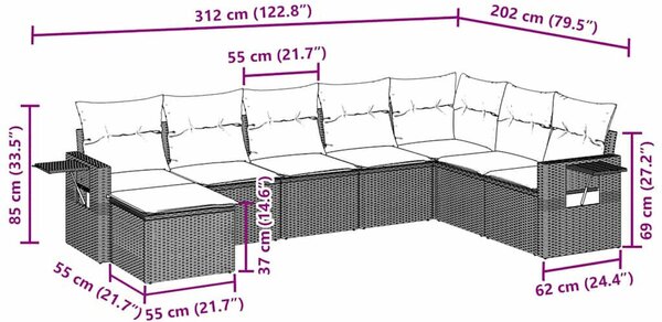 Polyrattan Kerti Ülőgarnitúra - 8 részes - Fekete