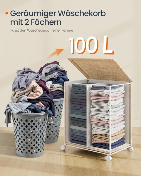 SONGMICS HOME Kétrekeszes Szennyestartó Kosár Rattán Hatású Görgős 100L Natúr Bézs-Fehér
