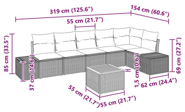 7 Darabos Kerti Kanapé Szett Párnákkal Szürke Poli Rattan Akácia