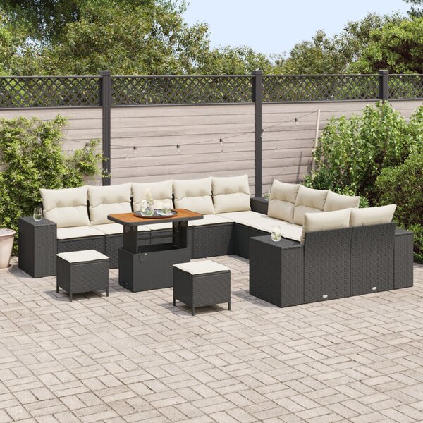 13 Darabos Kert Sofa Szett Párnákkal Fekete Poli Rattan Akácia, 3 Darabos Kert Étkező Szett Párnákkal Fekete Poli Rattan Akácia
