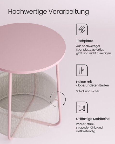 VASAGLE Modern Kerek Kisasztal Tárolókosárral Pasztell Rózsaszín-Fehér