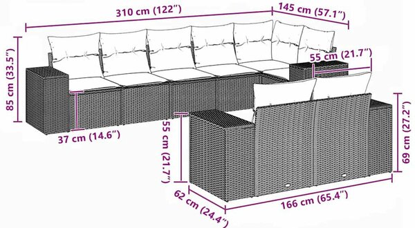 VidaXL Polyrattan Kerti Ülőgarnitúra - 8 részes - Fekete