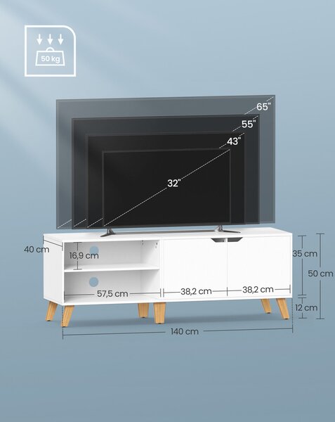 VASAGLE Modern TV Szekrény 65 Colos TV-hez Fehér Skandináv Stílusú Tárolóval