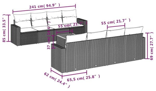 VidaXL Polyrattan Kerti Ülőgarnitúra - 9 részes - Fekete