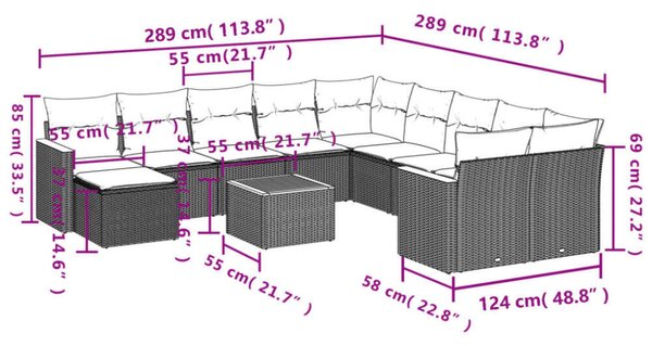 VidaXL Polyrattan Kerti Ülőgarnitúra - 12 részes - Szürke