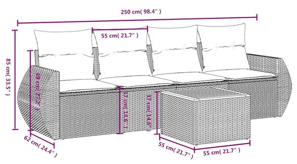 5 részes fekete polyrattan kerti kanapészett párnákkal