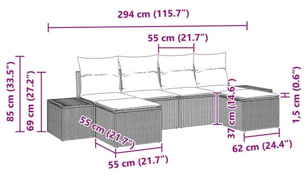 6 Részes Kert Kanapé Szett Párnákkal Fekete Poli Rattan Akácia