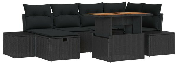 7 darabos Kerti Étkező Garnitúra Párnákkal Fekete Poly Rattan Akácia