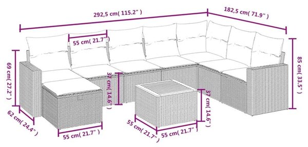 VidaXL 9-részes bézs polyrattan kerti ülőgarnitúra párnákkal