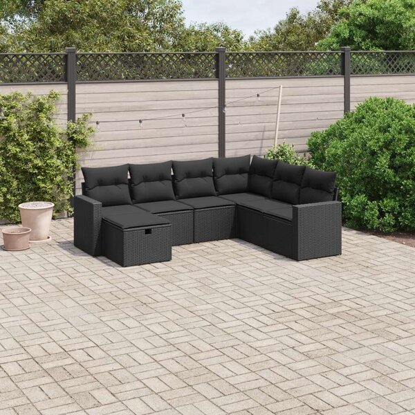 VidaXL 7 részes fekete polyrattan kerti ülőgarnitúra párnával