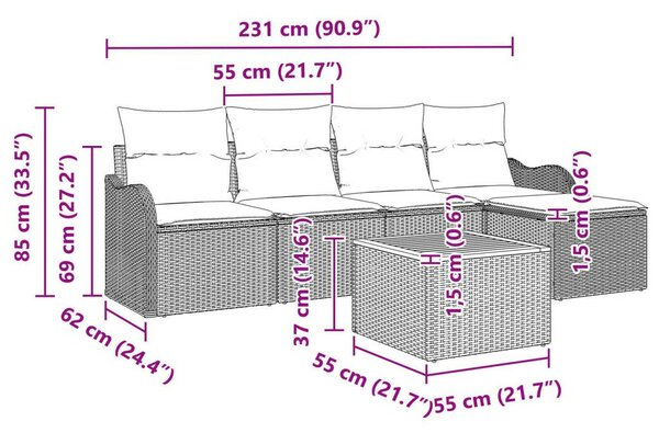 6 darabos Kerti Kanapé Szett Párnákkal Fekete Poli Rattan Akác, 2 személyes Kerti Kanapé Párnákkal Fekete Poli Rattan