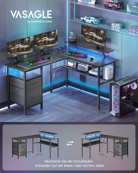 VASAGLE L-alakú Gamer Íróasztal LED Világítással és Monitortartóval Fekete LWD095B01