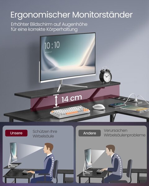 VASAGLE L-alakú Gamer Íróasztal LED Világítással és Monitortartóval Fekete LWD095B01